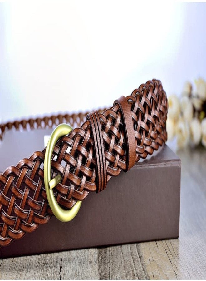 ANNULOYA Women Leather Braided Belts for Dress 1.2 Inch Hand Made Soft Girls Woven Wasitbands with Round Gold Buckle (Brown, Free Size) - Image 3